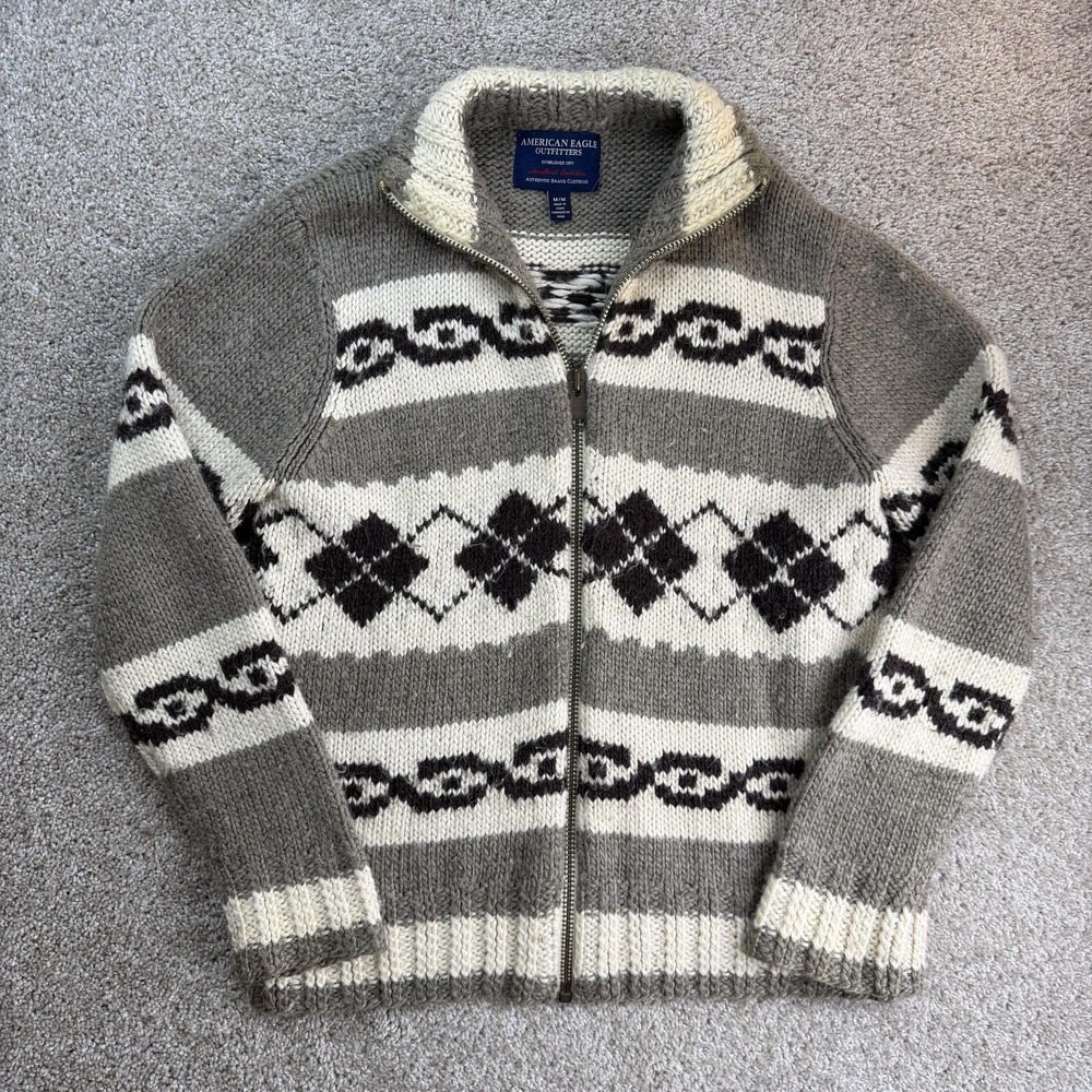 Y2K American Eagle Outfitters Sweater Mens Med Gray Chunky Knit Zip Mock Neck